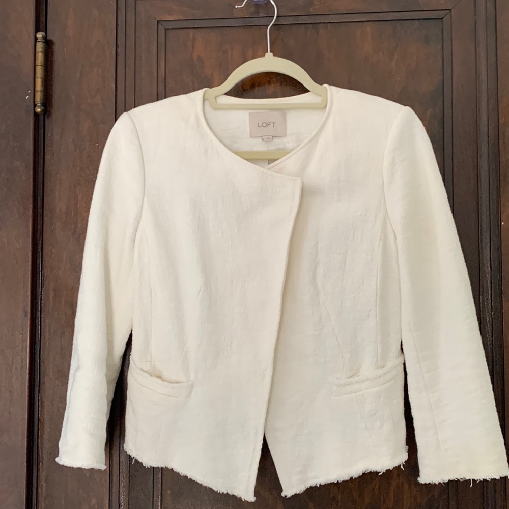 Ivory Loft collarless asymmetrical fringed jacket